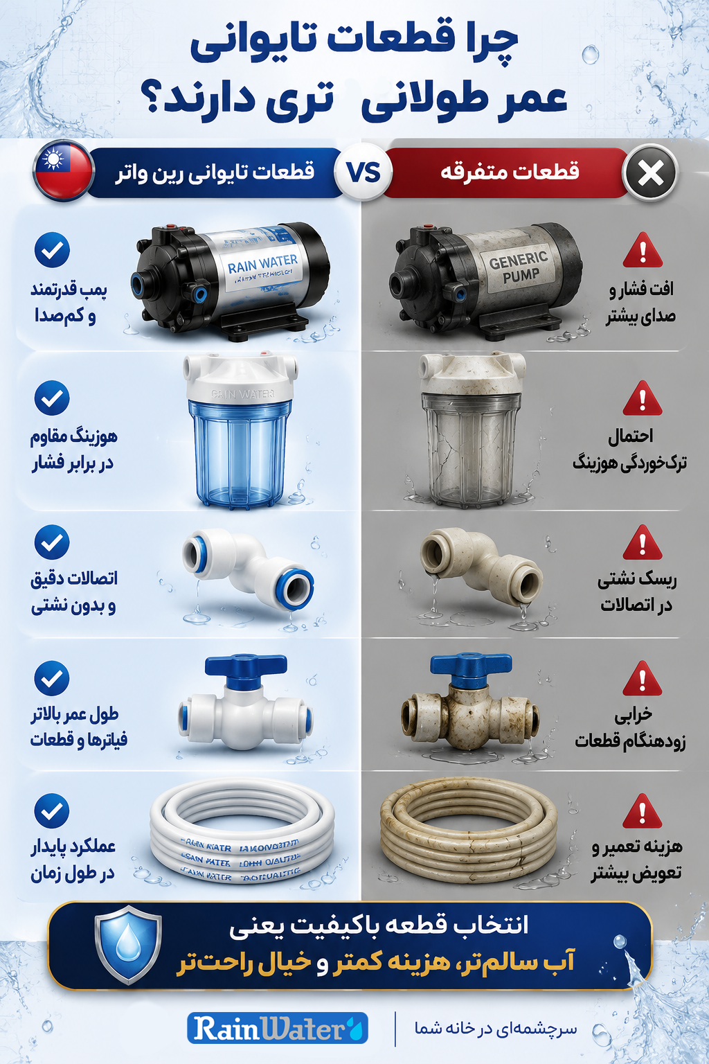 تفاوت قطعات تایوانی و متفرقه در دستگاه تصفیه آب | چرا قطعات تایوانی عمر بیشتری دارند؟